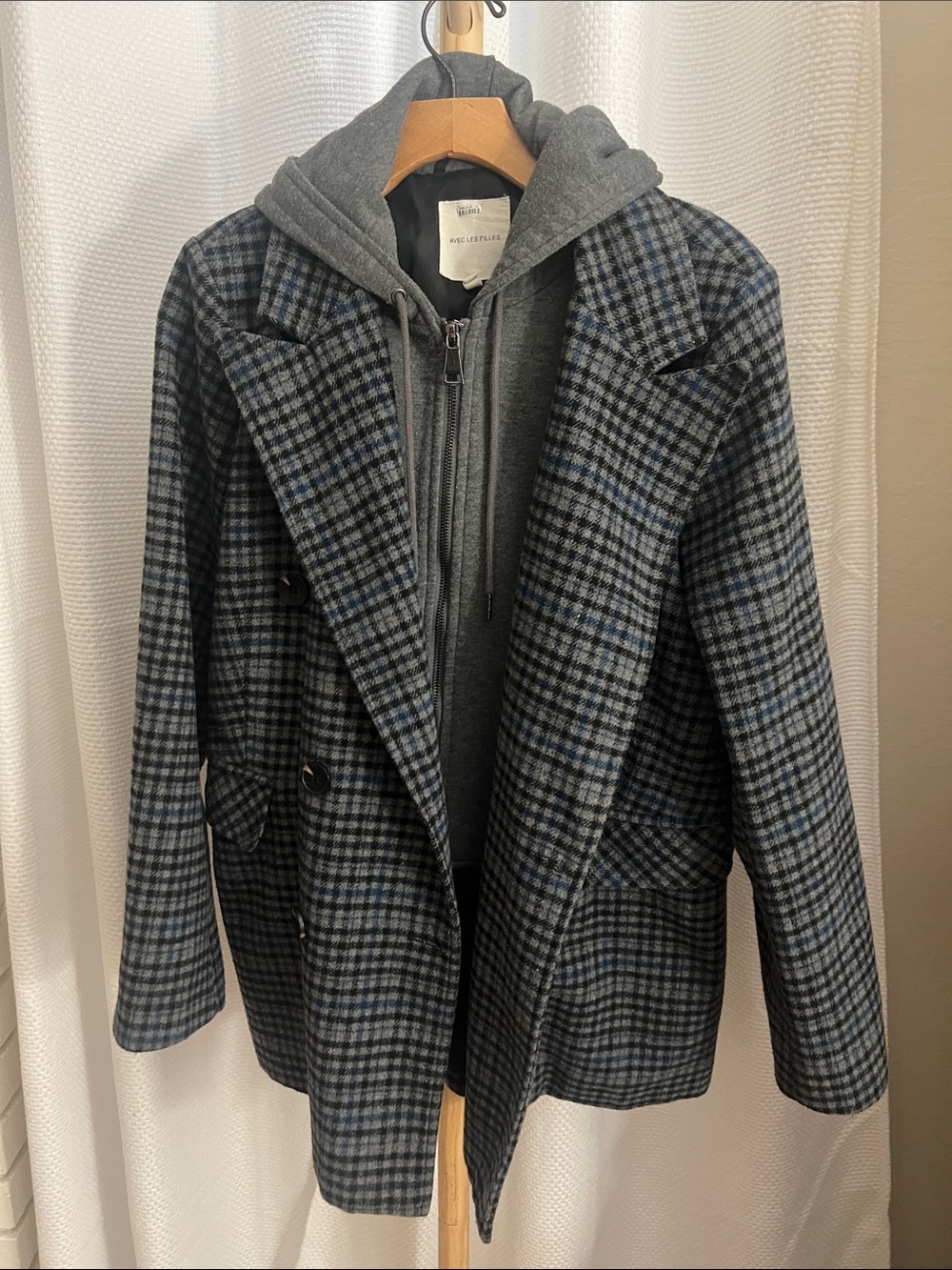 AVEC LES FILLES -Double Breasted  Plaid Wool Coat with Hooded Layer - Gray/Blue - Picture 5 of 6